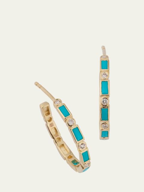 SYDNEY EVAN 14K Gold Baguette Turquoise and Round Diamond Hoop Earrings