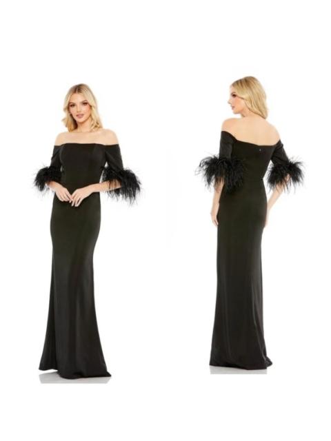 Other Designers NWT Mac Duggal 11441 Feather Trim Off Shoulder Column Gown Black Sz 6 $498‎