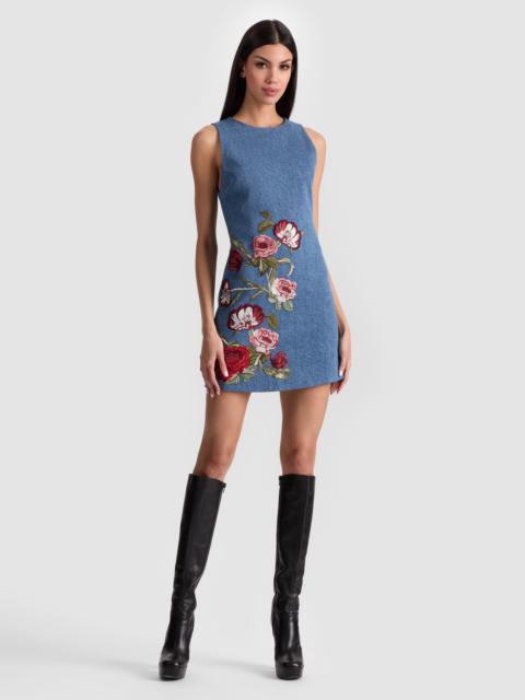Alice + Olivia CADE EMBROIDERED DENIM MINI DRESS