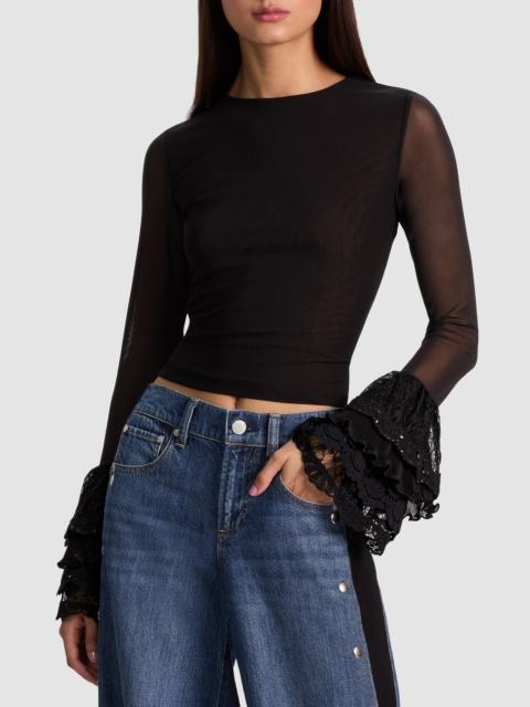 Alice + Olivia Alice + Olivia Delania Mesh Ruffle Cuff Top in Black at Nordstrom