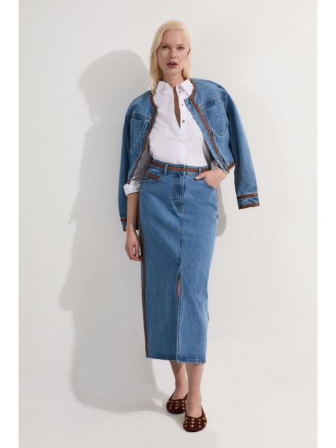 KAREN MILLEN Denim & Faux Leather Tipped Side Pencil Midi Skirt