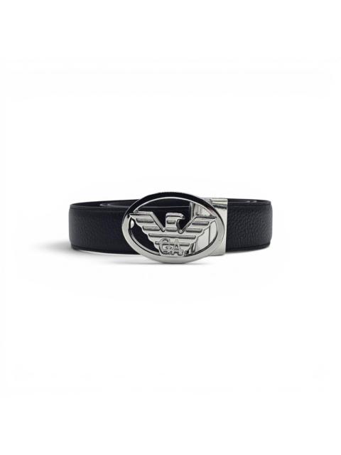 EMPORIO ARMANI Leather Reversible Belt Black with Silver Eagle Buckle