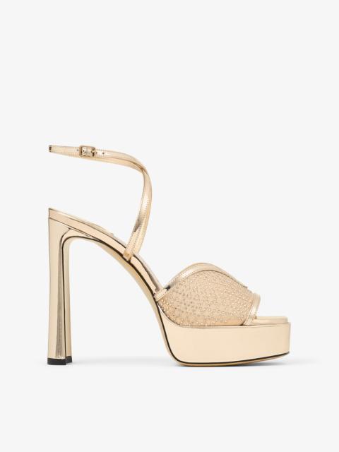 JIMMY CHOO Karli Platform 125
Gold Illusion Crystal Mesh and Liquid Metal Leather Sandals