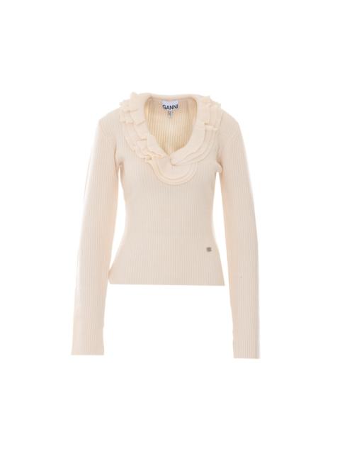 GANNI Ganni Women Ribbed Merino Top With Logo And Ruches
