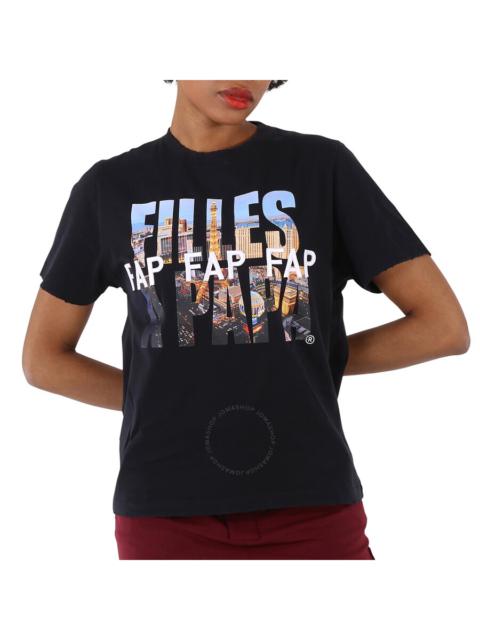 Other Designers Filles A Papa Ladies T-Shirt Black Distressed Tee Vegas, Brand Size 1