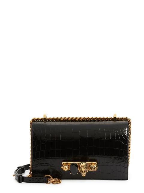 Alexander McQueen Alexander McQueen Jewelled Knuckle Croc Embossed Leather Crossbody Bag in Black at Nordstrom