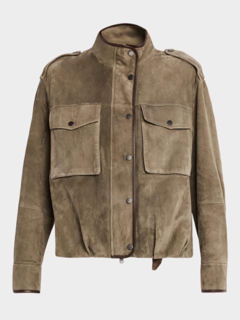 Brunello Cucinelli Couture Suede Utility Jacket With Contrast Leather Piping