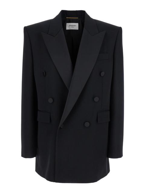 SAINT LAURENT Saint Laurent Women Black Double-Breasted Jacket With Peak Revers And Double Vent On The Rear In Woo