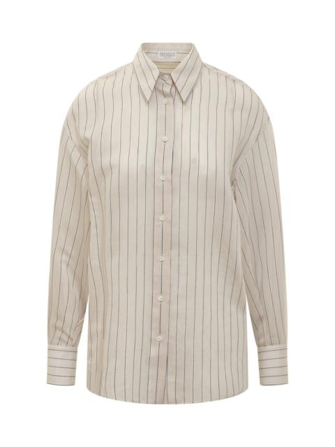 Cotton And Silk Sparkling Stripe Poplin Shirt With Monile
