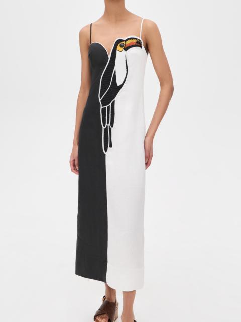 FARM RIO Black and White Embroidered Toucan Sleeve Dress