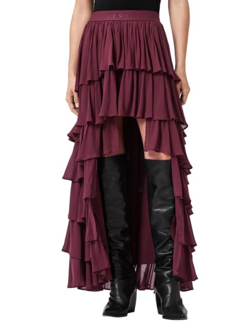 ALLSAINTS AllSaints Cavarly Layered Ruffle High-Low Maxi Skirt in Tawny Port Red at Nordstrom