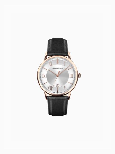 EMPORIO ARMANI SWISS MADE THREE-HAND DATE BLACK LEATHER WATCH
