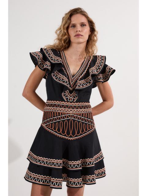 KAREN MILLEN Embroidered Cotton Linen Woven Plunge Mini Dress