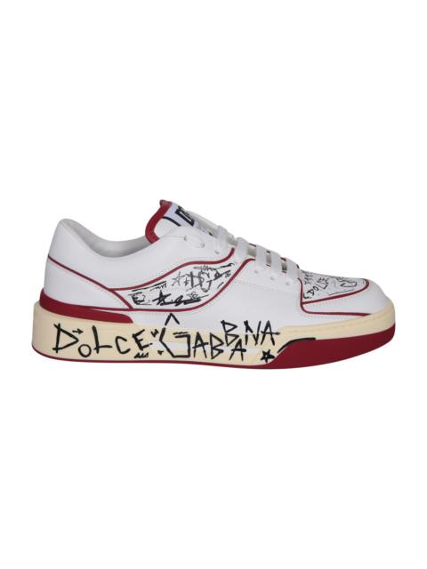 New Roma Allover Graffiti Sneakers In White With Red Accents