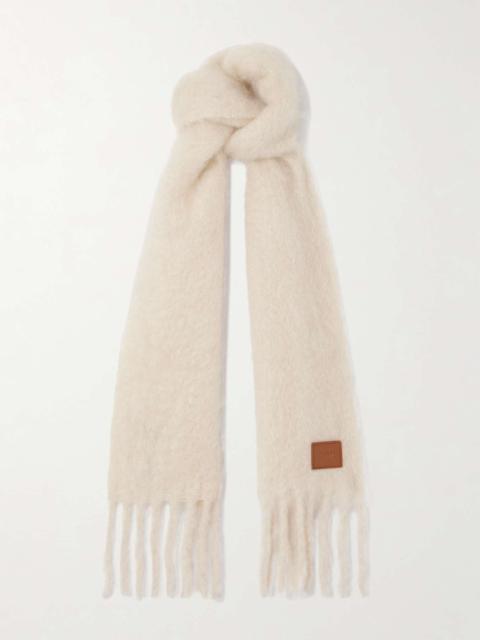 Fringed appliquéd leather-trimmed brushed mohair-blend scarf Off-white