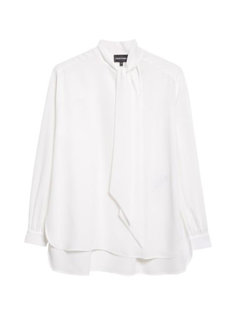 EMPORIO ARMANI Emporio Armani Crepe Tie Neck Shirt in Solid White at Nordstrom