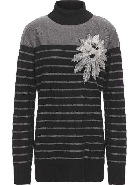 Balmain Embellished metallic striped stretch-knit turtleneck top