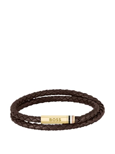 BOSS BROWN BRAIDED-LEATHER CUFF WITH LOGO CLOSURE