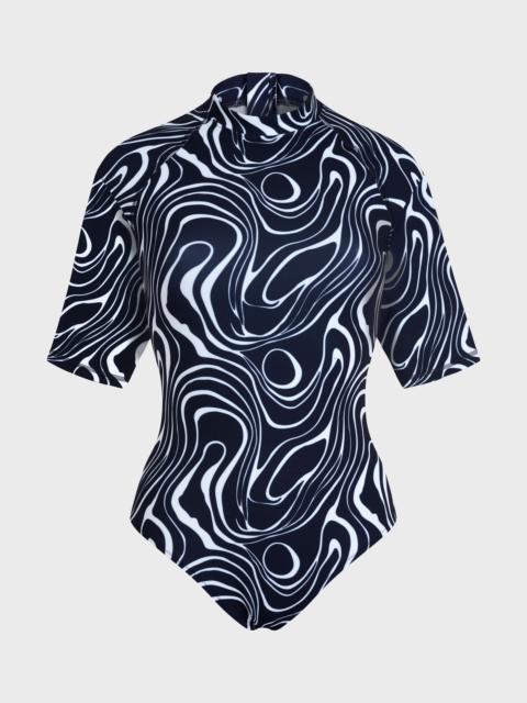 Vilebrequin WOMEN SHORT SLEEVES UV PROTECTION ONE-PIECE RASHGUARD WAVES