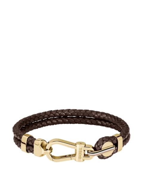 BOSS BROWN BRAIDED-LEATHER CUFF WITH GOLD-TONE CARABINER CLOSURE