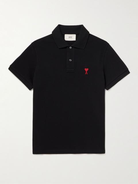AMI Paris Logo-Embroidered Organic Cotton-Piqué Polo Shirt Black