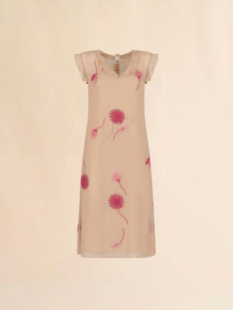Marni NUDE SILK DRESS WITH CAMELLIA EMBROIDERY