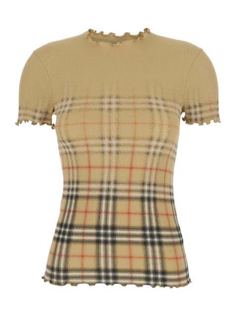 Burberry Burberry Women Beige T-Shirt With Check Motif And Ruched Details In Cotton Stretch Woman