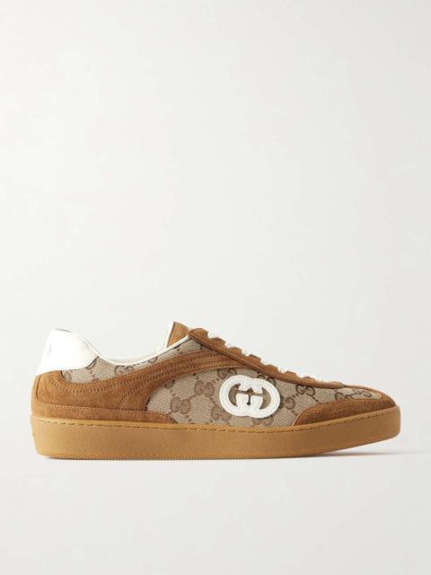 Leather and suede-trimmed coated canvas-jacquard sneakers Brown