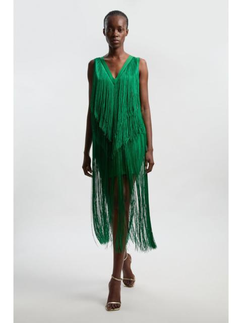KAREN MILLEN Fringe Bandage V Neck Knit Midi Dress