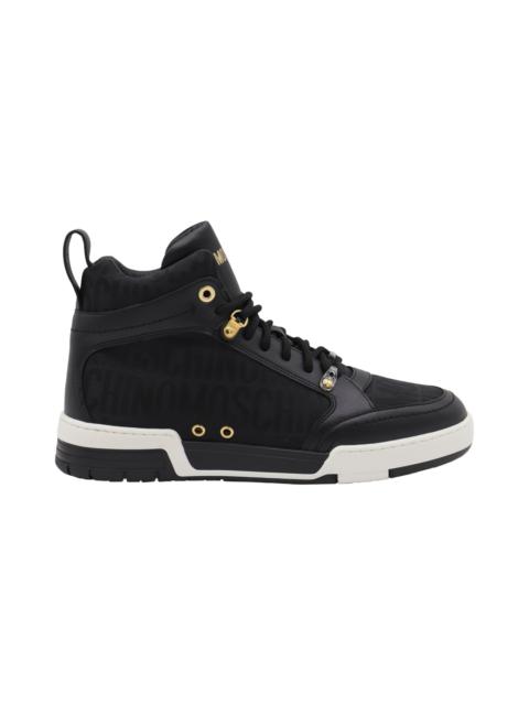 Black Leather And Canvas Monogram Jacquard High Top Sneakers