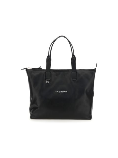 Dolce & Gabbana 'adamo' Black Shopper With Front Logo In Leather Man