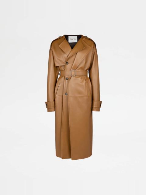 Tod's TRENCH COAT IN LEATHER RELAXED FIT - BROWN