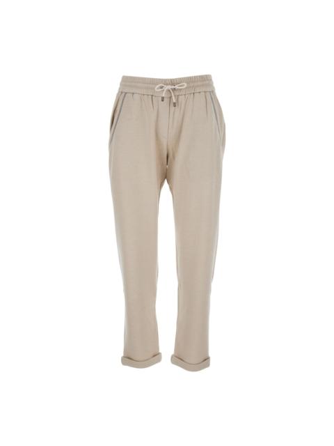 Brunello Cucinelli Beige Pants With Elastic Waistband In Cotton And Silk Blend Woman