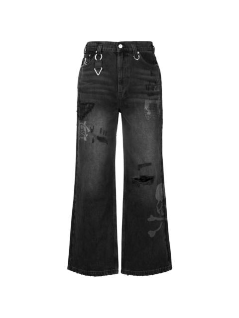 skull-embroidery flared jeans