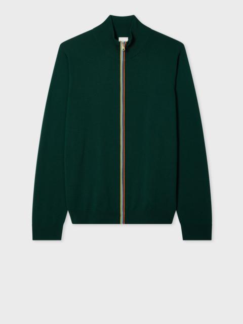 Paul Smith Dark Green Washable Merino Wool 'Signature Stripe' Zip Cardigan