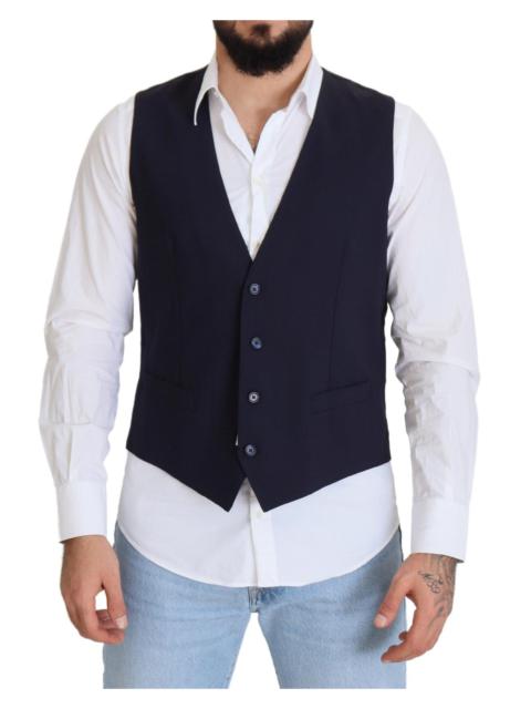 Dolce & Gabbana Dark Blue Wool Stretch Waistcoat Formal Vest