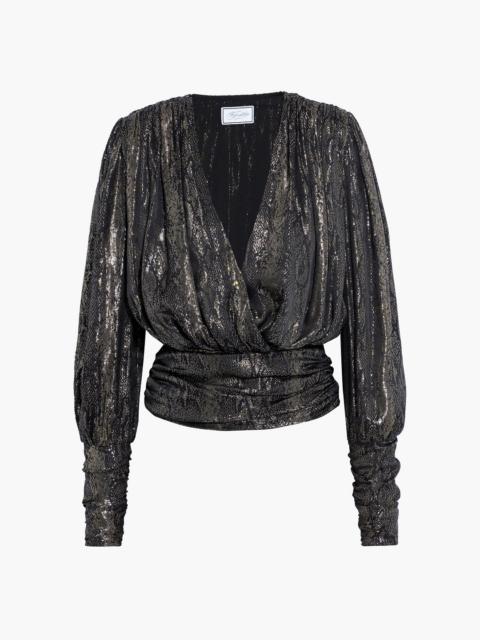 Other Designers Ruched metallic silk-blend jacquard wrap top