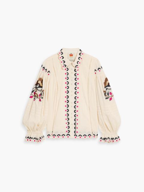 FARM RIO Embroidered cotton-voile blouse
