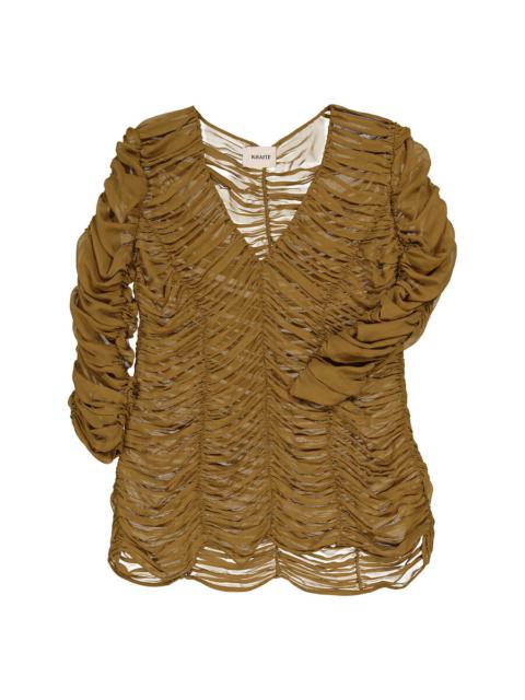 KHAITE Khaite Ladies Khaki Brown V-Neck Ruched Silk Blouse