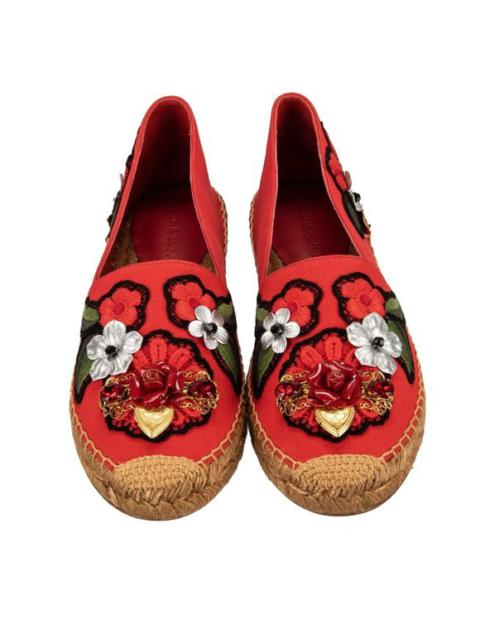 Dolce & Gabbana Rose Crystal Heart Flower Espadrilles Shoes Loafer Red 12530