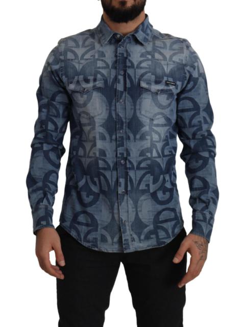 Dolce & Gabbana Blue Denim Stretch DG Logo Casual Mens Slim Shirt