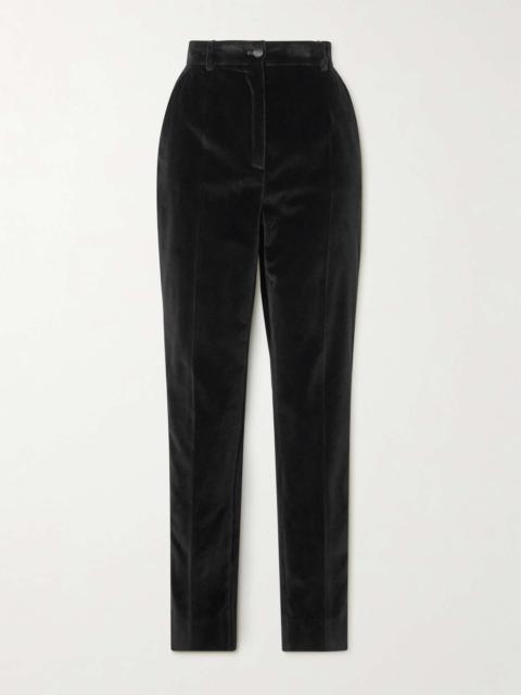 Satin-trimmed cotton-blend velvet slim-leg pants