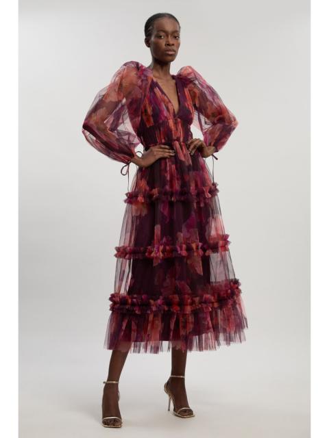 KAREN MILLEN Floral Tulle Balloon Sleeve Plunge Woven Maxi Dress