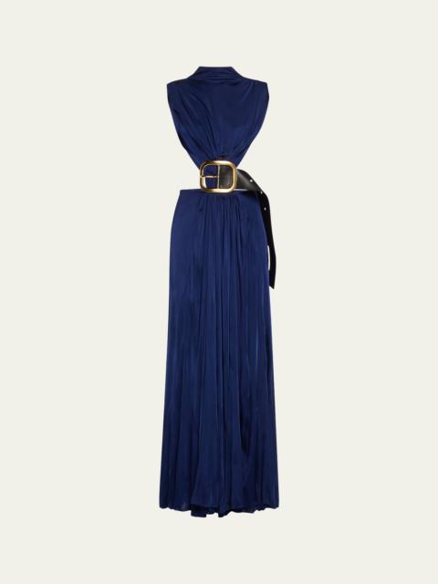 High-Neck Cutout Draped Backless Belted Gown