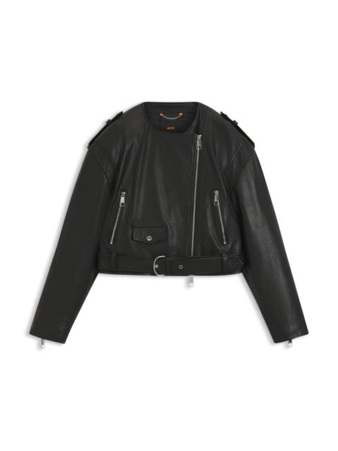BOSS GRAINED-LEATHER BIKER JACKET WITH CROPPED LENGTH