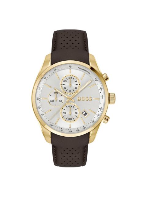 BOSS GOLD-TONE CHRONOGRAPH WATCH WITH PERFORATED LEATHER STRAP