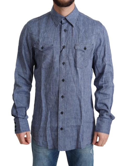Dolce & Gabbana Blue Stripes Men Casual Button Down Shirt
