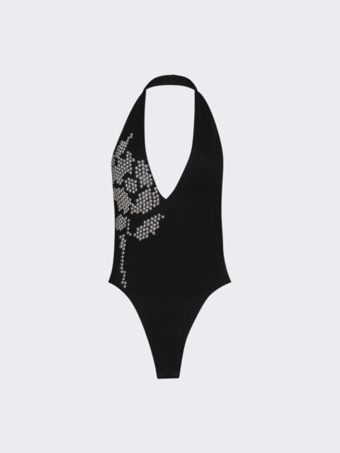 David Koma Metallic Flower Hotfix Halter Neck Bodysuit Black And Silver