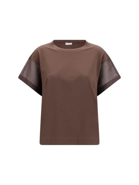 Brunello Cucinelli Brunello Cucinelli Women Cotton T-Shirt With Sheer Sleeves And Side Panels