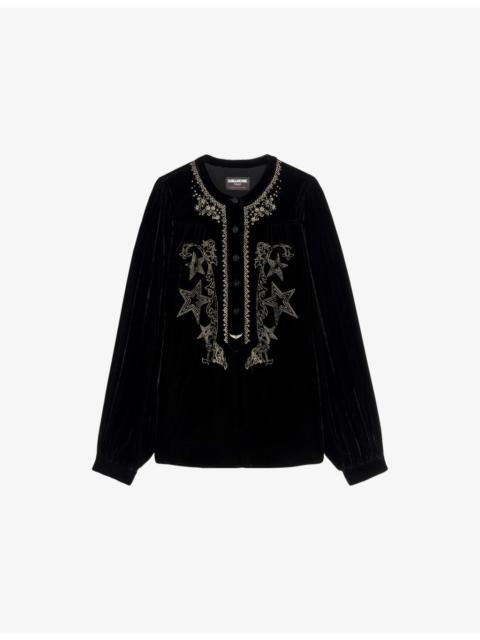 Zadig & Voltaire Tigy Embroidered Silk And Velvet-Blend Blouse